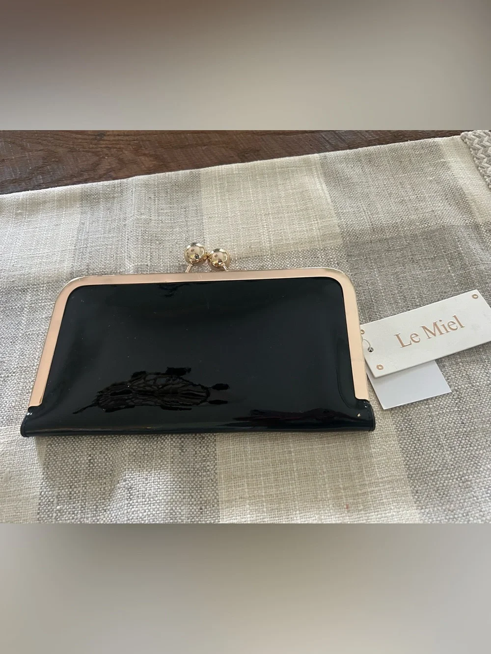 Le Miel Black Patent Clutch Purse with Gold Trim Removable Gold Chain Strap
